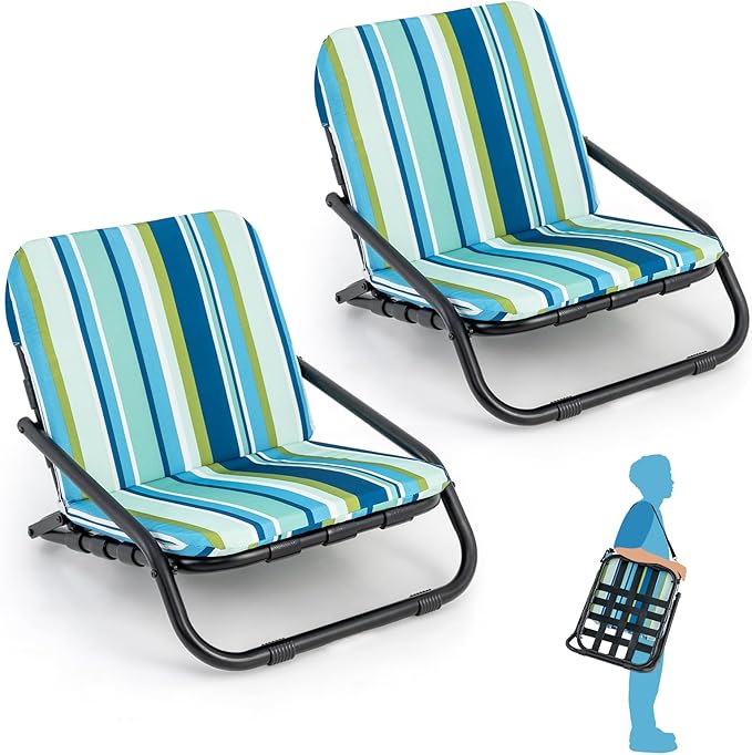 GYMAX Beach Chair 2 Pack 300LBS Low Beach Chair with Shoulder Strap Removable Cushion &amp Aluminum Frame Folding Reclining Beach Lounge Heavy Duty Portable for Adults (1 Blue Stripe)