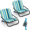 GYMAX Beach Chair 2 Pack 300LBS Low Beach Chair with Shoulder Strap Removable Cushion &amp Aluminum Frame Folding Reclining Beach Lounge Heavy Duty Portable for Adults (1 Blue Stripe)