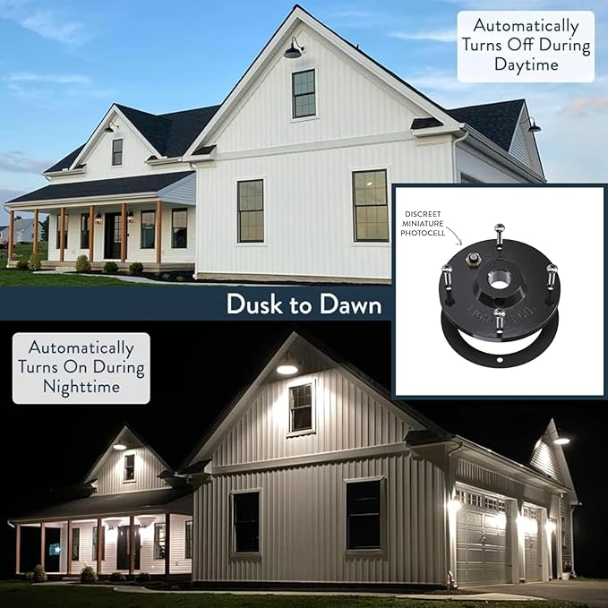 Steel Lighting Co. | Dusk to Dawn | Gardena Barn Light | Outdoor Wall Mounted | 16 Dome | 11 Straight Arm | Farmhouse Light Made in America | Cream/Brass