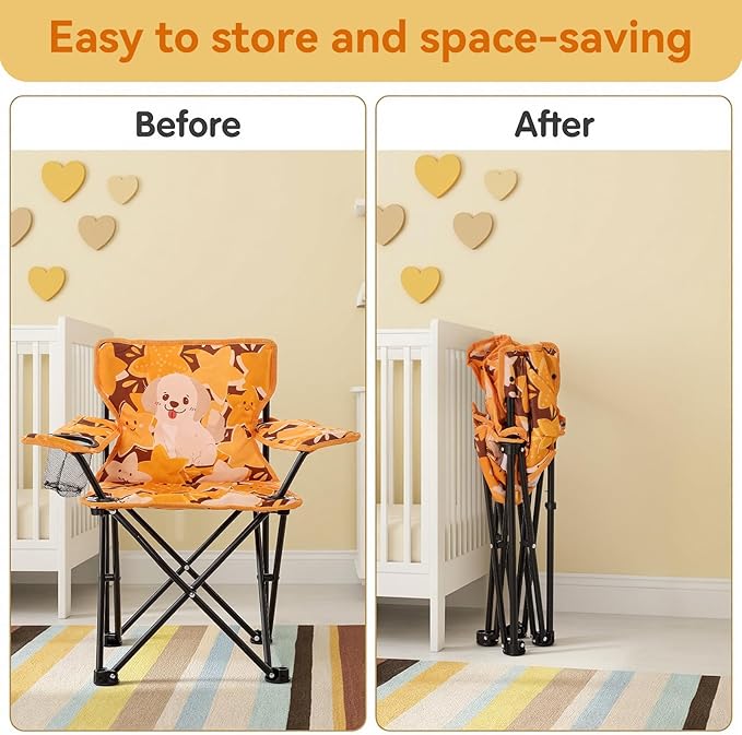 Padded Kids Camping Chair Folding Toddler Chair with Cup Holder &amp Safety Lock Portable Kids Beach Chair Ages 3-6 for Outdoor Camping Foldable Kids Chair Support 120lbsOrange Dog