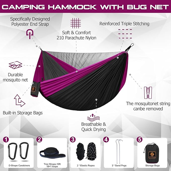 Camping Hammock Portable Hammocks with Mosquito NetLightweight Nylon Parachute Hammock with 10ft Tree StrapsCamping Gear Must Haves for Travel Hiking Backpacking Beach Patio-Black&ampPink