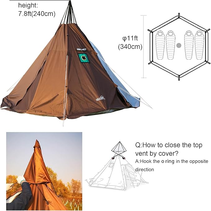 WINTENT 4 Season Waterproof Teepee Tent Yurt with Stove Jack for Adult Camping Hiking Height 7.8FT/240CM