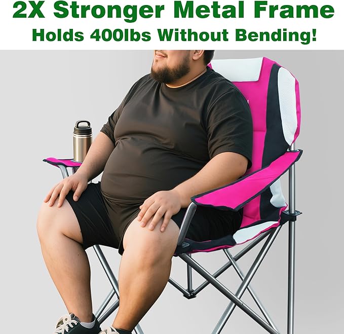 Camabel Folding Camping Chairs 400lbs Oversized Outdoor Collapsible Lawn Chair Padded Sports Portable Lightweight Chairs for Beach Hiking Fishing Picnics with Cup Holder Hanami Pink
