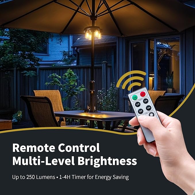 Patio Umbrella Light with Remote Control Rechargeable Cordless LED Edison Bulbs Pole Light with 10 Brightness Levels for Garden Patio Backyard Camping or BBQ - Brown (2 Pack)