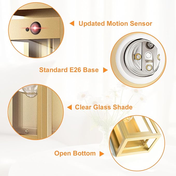 15 Motion Sensor Gold Outdoor Light Fixture Wall Mount 3 Lighting Modes Waterproof Anti-Rust Wall Sconces 2 Pack Exterior Lighting Fixtures for Front Door Porch Garage