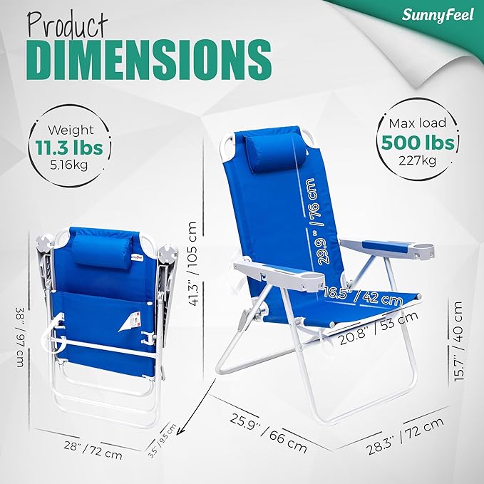 SUNNYFEEL 17 Tall Oversized Beach Chairs 2 Pack for Adults Heavy Duty 500 LBS 5 Position Portable High Folding Camping Chair with Cup Holder for Outdoor/Lawn/Trip Foldable Sand Chairs for Adults