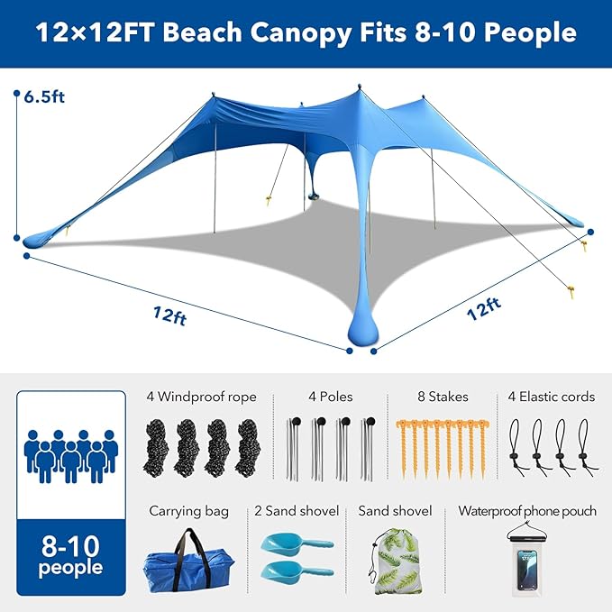 Beach Canopy Tent with UPF50+ Protection Sun shelter Umbrella Portable Camping Tents 12X12FT Include Beach Blanket Phone Case with Sandbags Poles Anti-Wind Ropes for Beach Camping Backyard Picnics