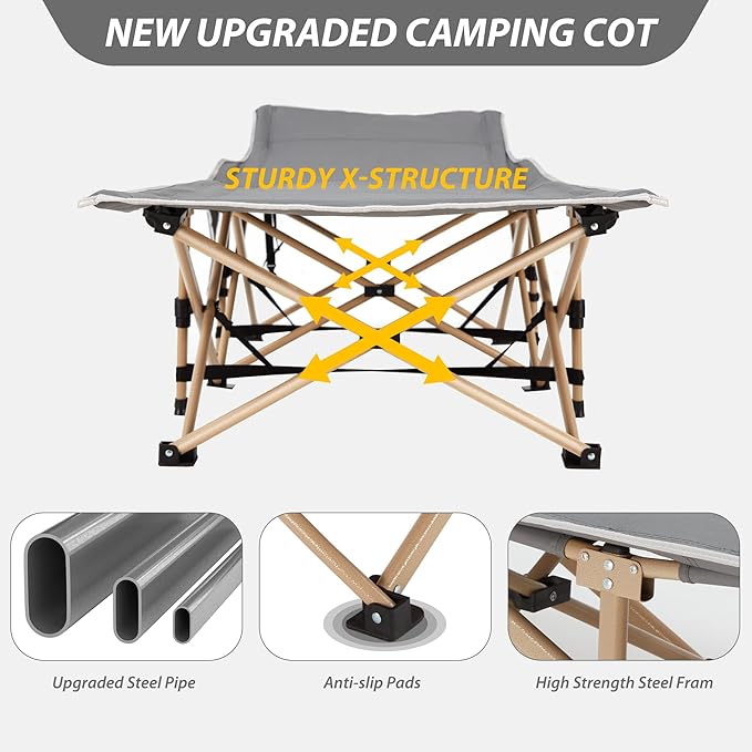 Folding Camping Cot for Sleeping Portable Cots for Adults Heavy Duty Cot Bed 550LBS(Max Load) Extra Wider Cots with Large Pocket for Outdoor Office Beach