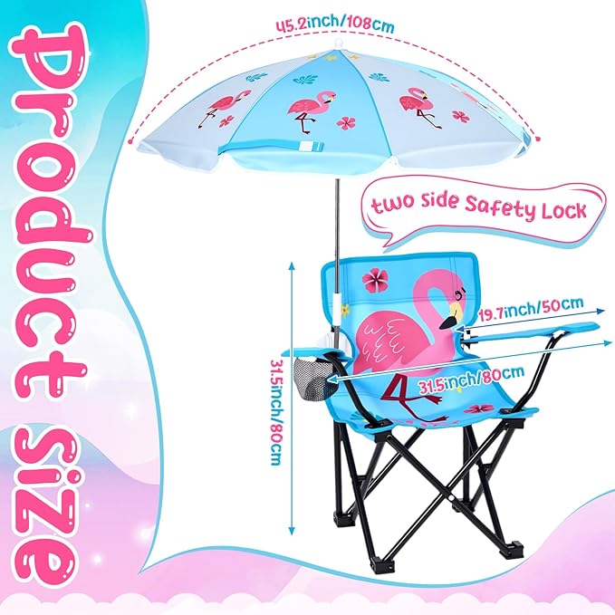 Outdoor Toddler Camping Chair with Umbrella Foldable Beach Chairs with Safety Lock for Kids Waterproof Lawn Kids Folding Chair for Outside Beach Travel(Flamingo)