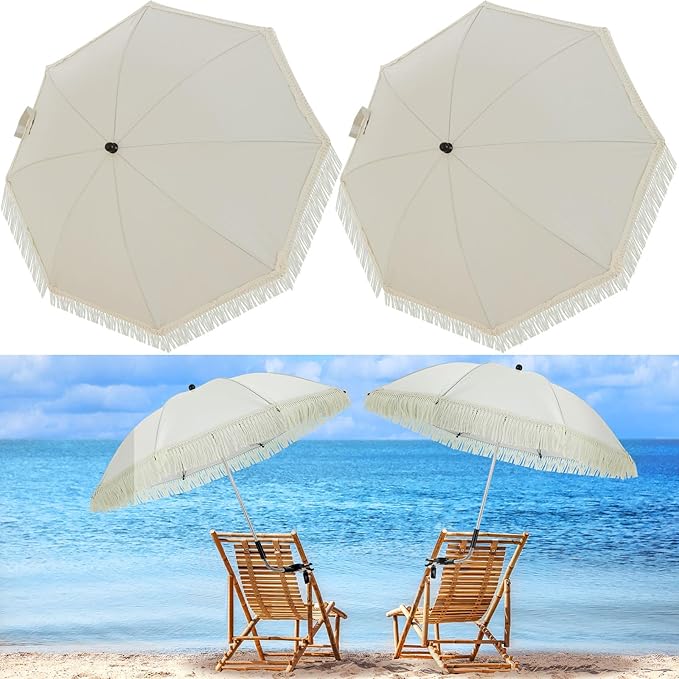 Buryeah 2 Pcs Automatic Chair Umbrella with Universal Clamp 44 UPF 50+ Portable Clamp on Beach Chair Adjustable Wheelchair Umbrella for Outdoor Patio Parasol