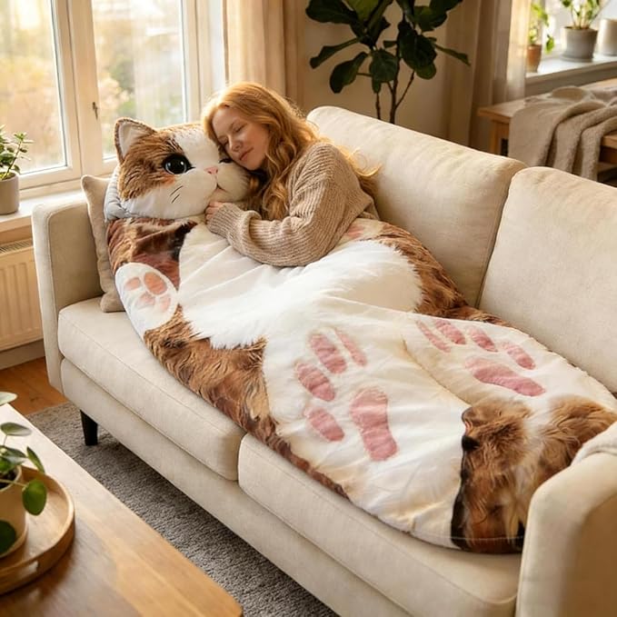 Fluffy Cat Sleeping Bag for Adults Soft 68.9×31.5 Inch Adorable Envelope Sleeping Bag Washable Warm Blanket for Camping and Home Lounging