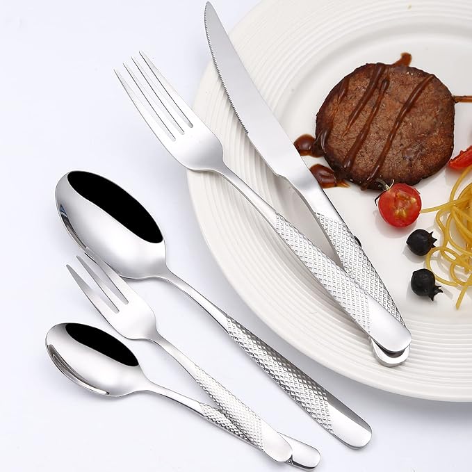 Modern Silverware Hammered 20 Piece Stainless Steel Flatware Set for 4 include Forks Spoons Kinves Kitchen Eating Utensils Mirror Polished Durable Festival Parties and Everyday Use