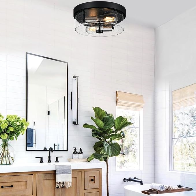 Flush Mount Ceiling Light Fixtures 2-Light Black and Silver Ceiling Mount for Farmhouse with Seeded Glass Lampshade Industrial Flush Mount Light Fixture for Hallway Kitchen Entryway and Foyer