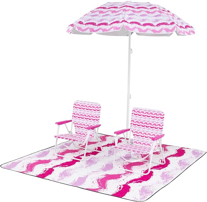 GYMAX Beach Chair with Umbrella Set of 4 Including 2 Folding Chairs Blanket Adjustable Parasol &amp Carry Bag Camping Chairs with Sunshade for Beach Patio Poolside Deck Lawn Picnic