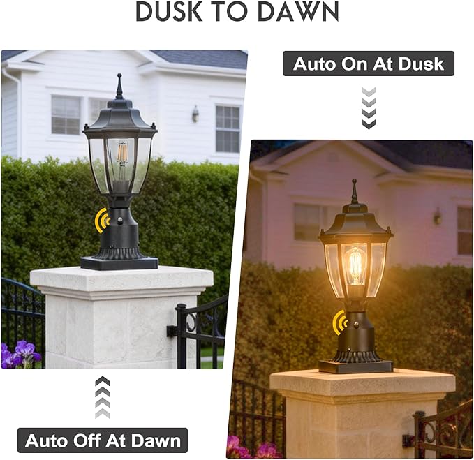 Dusk to Dawn Outdoor Post Lights Waterproof Aluminum Black Post Lamp Fixture Anti-Rust Posts Outdoor Light Lantern for Yard Patio Garden Pathway