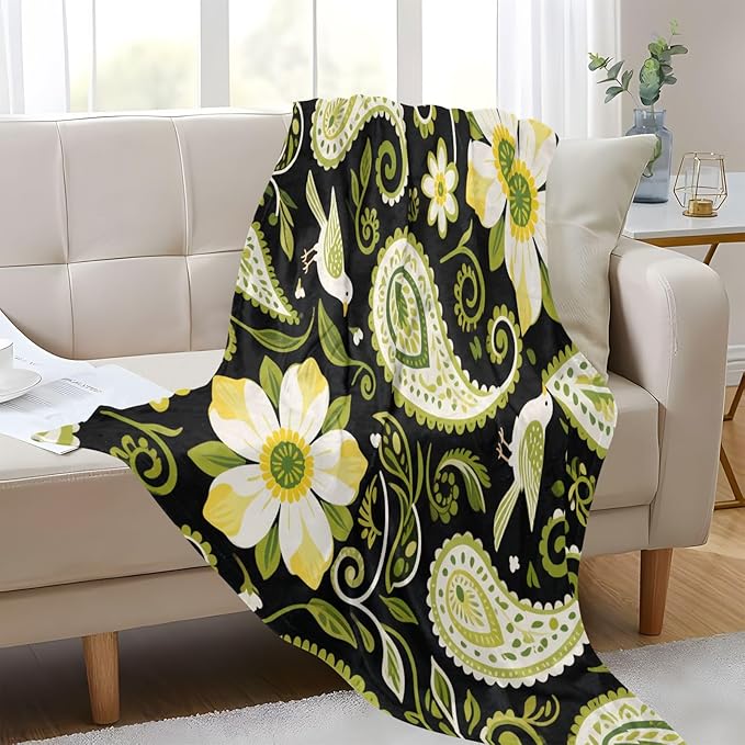 Soft Throw Blanket Olive Green Paisley Flower Boho Black Couch Blanket 50x70 Inches