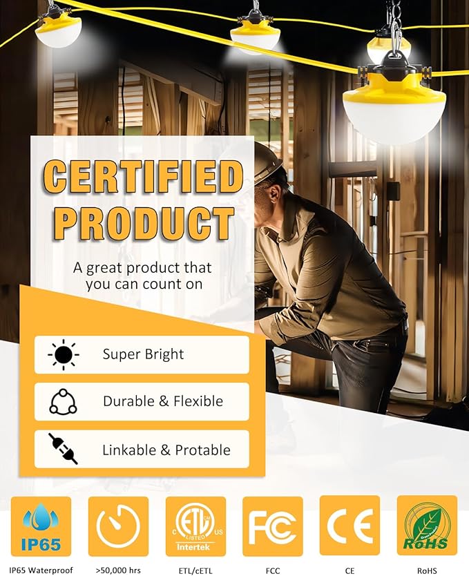 100FT Construction String Light 130W 16000Lm 5000K Industrial Grade LED String Work lights IP65 Waterproof Temporary Lighting for Construction Sites Renovation Mine Cave Job Site Walkways