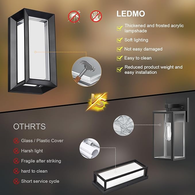 ledmo Outdoor Wall Light 1800Lm Modern Outdoor Porch Light 3000K Bright Lighting Black Exterior Lighting Fixture Waterproof Christmas Fixture for HousePatioGarageBackyardHallway（2 Pack
