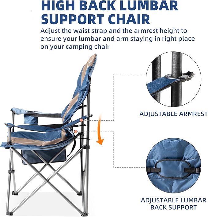 2 Pack Folding Camping Chairs for Adults - High Back Padded Portable Outdoor Lawn Chairs with 400lbs Adjustable Lumbar Support - Lightweight Camp Chairs Set (Light Blue &amp Brown)