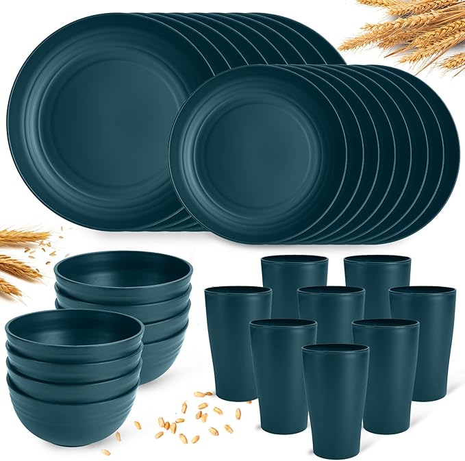 Green Unbreakable Plates and Bowls Sets Microwave and Dishwasher SafeDark Green Dinnerware Sets for 8Christmas Reusable Plastic Dishes Set Lightweight for Kids Elderly Kitchen Adults Camping Outdoor