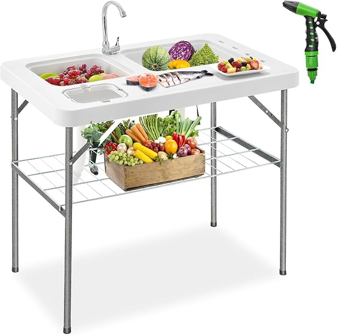 Giantex Fish Cleaning Table w/ 2 Sinks Faucet Hose Hook Up Portable Folding Camping Table w/Measure Mark Outdoor Fillet Cleaning Station for Fishing Beach Picnic (with Sprayer &amp Storage Shelf)