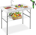 Giantex Fish Cleaning Table w/ 2 Sinks Faucet Hose Hook Up Portable Folding Camping Table w/Measure Mark Outdoor Fillet Cleaning Station for Fishing Beach Picnic (with Sprayer &amp Storage Shelf)