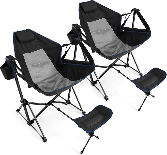 Giantex Outdoor Hammock Camping Chair - Rocking Chair with Removable Footrest Adjustable Backrest Pillow Cup Holder Storage Bag Portable Fishing Chair for Poolside Patio Folding Chair (2 Black)