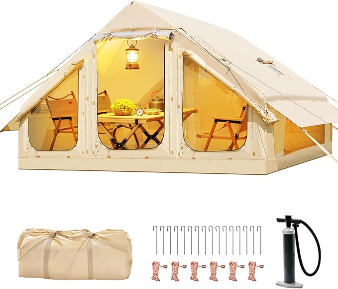 Inflatable Tents for Camping Blow Up Tent with Hand Pump Easy Setup Inflatable Hot Tent with Stove Jack Doors Mesh Windows Waterproof Oxford Air Glamping Tents for Camping 4 Person