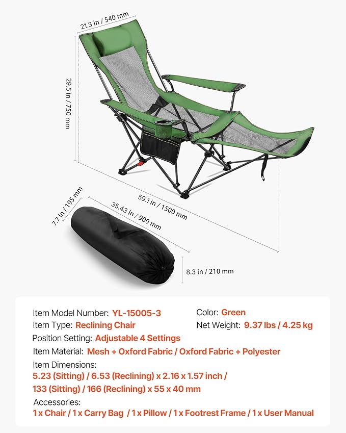 VEVOR Reclining Camping Chair 4 Adjustable Positions Portable Folding Lounger for Adults Mesh Beach Chair with Headrest &amp Foot Rest Supports 220 lbs Heavy Duty Camp Chairs for Patio Green