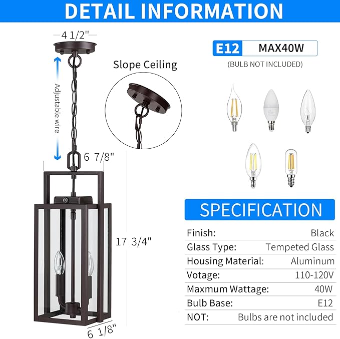 17.8'' Large Dusk to Dawn Outdoor Pendant Light 2-Light Modern Brown Metal Outside Chandelier Exterior Hanging Fixture Ceiling Mount with Clear Glass for Front Porch Entrance Entryway 1 Pack