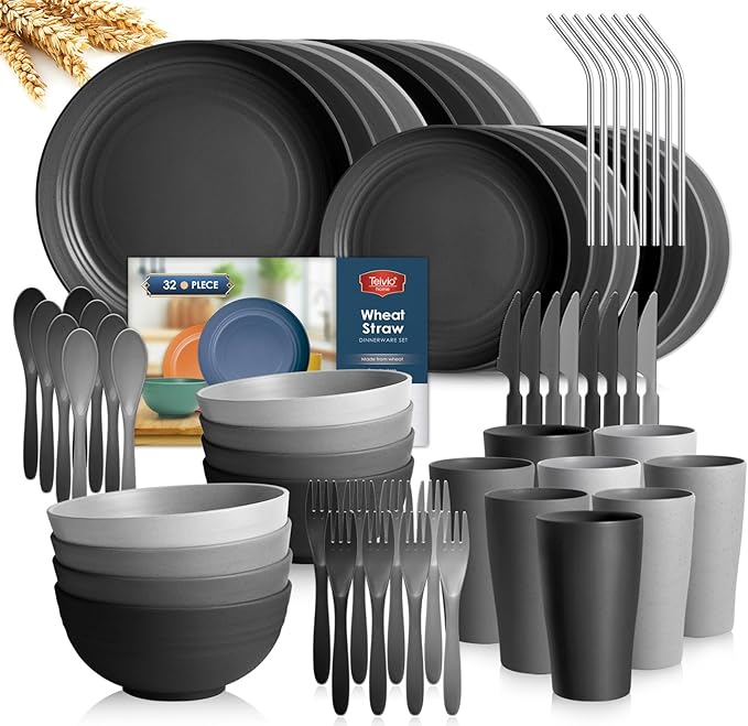 Teivio 32-Piece With Flatware Kitchen Plastic Wheat Straw Dinnerware Set Service for 8 Dinner Plates Dessert Plate Cereal Bowls Cups Unbreakable Plastic Outdoor Camping Dishes Gray Ombre