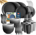 Teivio 32-Piece With Flatware Kitchen Plastic Wheat Straw Dinnerware Set Service for 8 Dinner Plates Dessert Plate Cereal Bowls Cups Unbreakable Plastic Outdoor Camping Dishes Gray Ombre