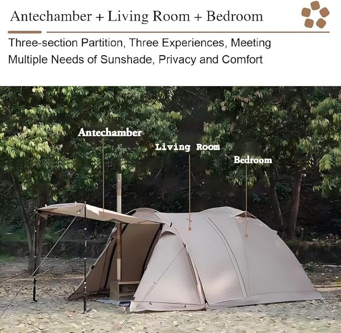 Massif Hot Tent with Stove Jack 4 Season Tent 2 Person Camping UPF50+ Waterproof Windproof WinterKhaki Dual Room Design with Extended Porch