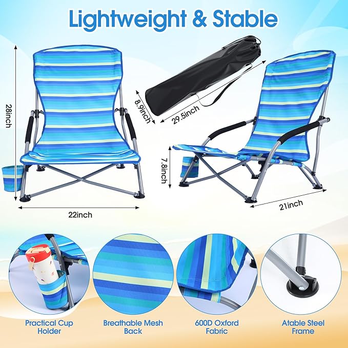 Huwena 2 Pack Beach Chair for Adult with 2 Umbrella Low Folding Chair Detachable Adjustable Lightweight with Armrests Cup Holder Carry Bag Portable for Sand Camping Travel Outdoor Pool(Yellow Green)