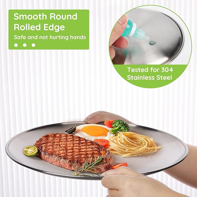 Stainless Steel Plates 8 Pack 11.8 inch 304(18/8) Metal Food Serving Plate Set Reusable Snack Eating Dishes Round Shatterproof Plate Silver BBQ Dinner Lunch Dinnerware Oven Dishwasher Safe