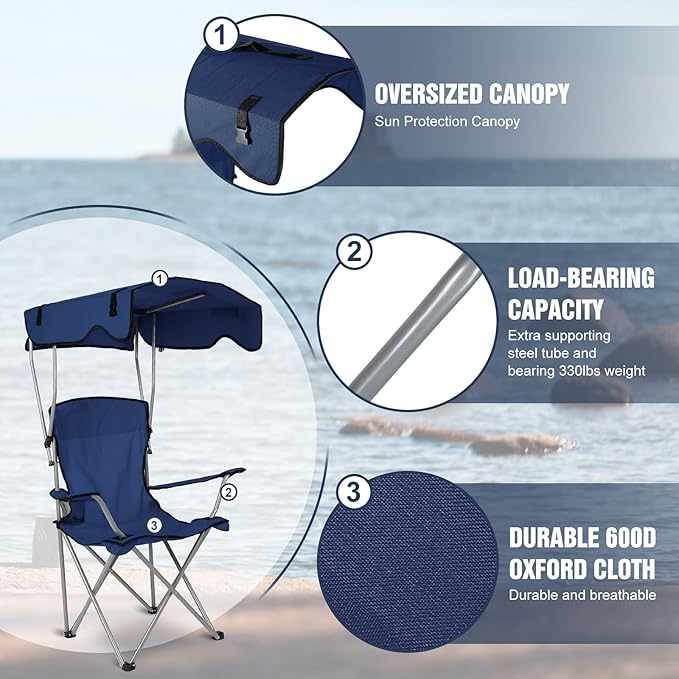 Camping Chair with Canopy Portable Outdoor Folding Beach Chairs with Cup Holder 330LBS Load Lawn Chair for Outside Fishing Beach Picnic (NavyBlue)
