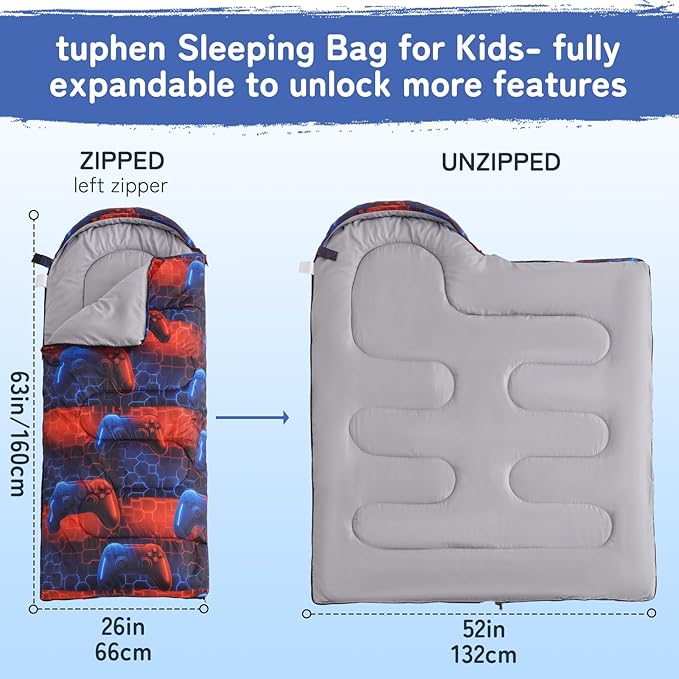 tuphen Kids Sleeping Bag - 50-77℉ 3-Season Waterproof Sleeping Bag for Boys &amp Girls Lightweight 2.2 lbs Camping Gear with Compression Bag Ideal for Camping Hiking Indoor