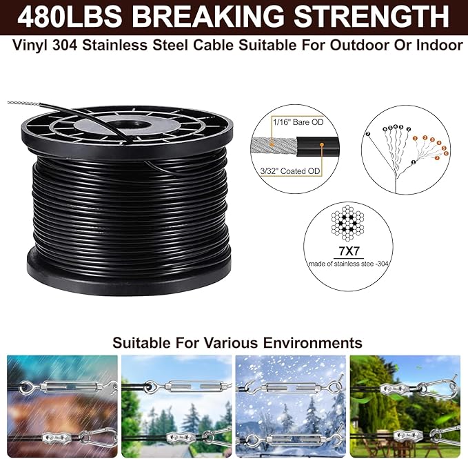 Upgraded Outdoor String Light Hanging Kit 350ft Globe String Light Suspension Kit w/Expansion Hook Stainless Steel 304 String Light Guide Wire Black Guy Wire kit for Wedding Dinner Barbecue