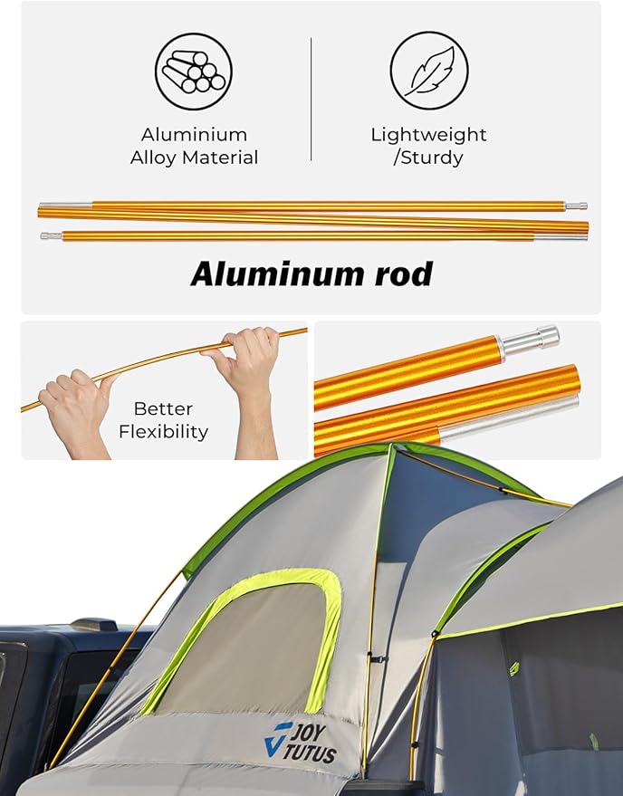 JOYTUTUS Pickup Truck Tent 5.0ft Bed Tent with Removable Awning Waterproof PU2000mm Double Layer for 2 Person Portable Truck Bed Tent - Green Aluminum Pole