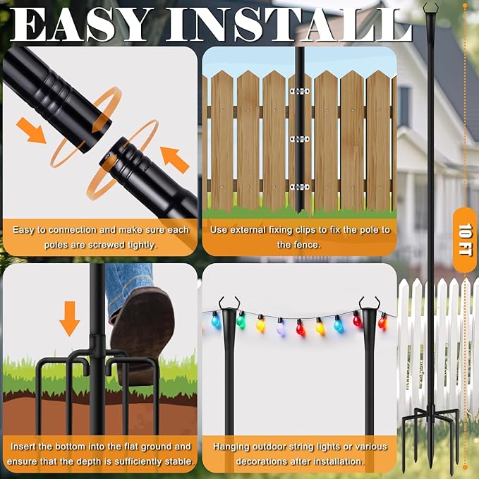 10Ft String Light Poles 2 Pack for Outside Metal Outdoor Light Poles with 5 Prongs for Garden Patio Backyard Deck Fence Bracket Hanging Light for Party Wedding Decor