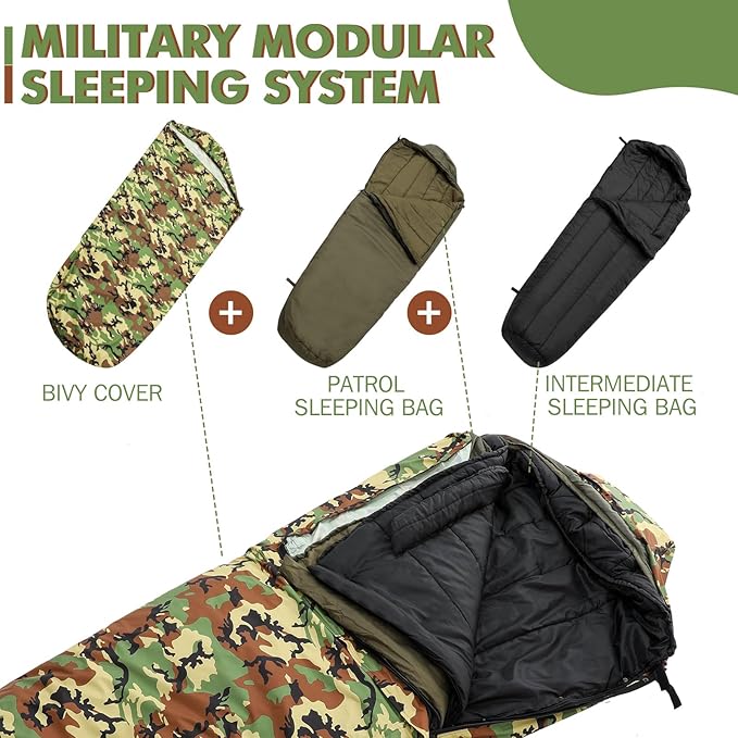 Macarrie Army Modular Military Sleeping Bag System for Adults Camo Thickened Multi Layered MSS Mummy Shaped Sleeping Bag with Bivy Cover for Winter Camping Gear