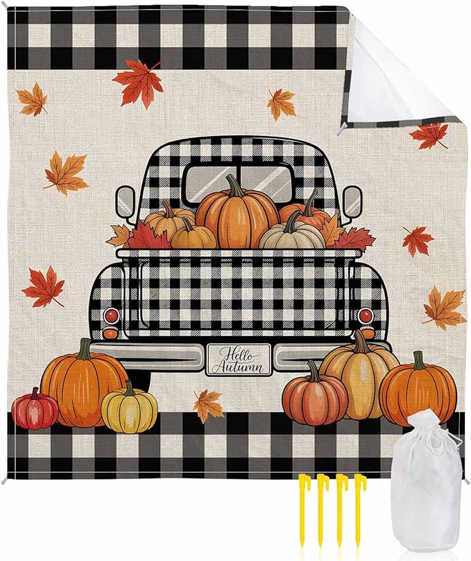 Beach Blanket Waterproof Sandproof OversizedVintage Autumn Pumpkins Beach Mat with Corner Stakes Sand PocketsTruck Maple Leaves on Linen Outdoor Picnic Mat for Travel Camping Hiking118x108In
