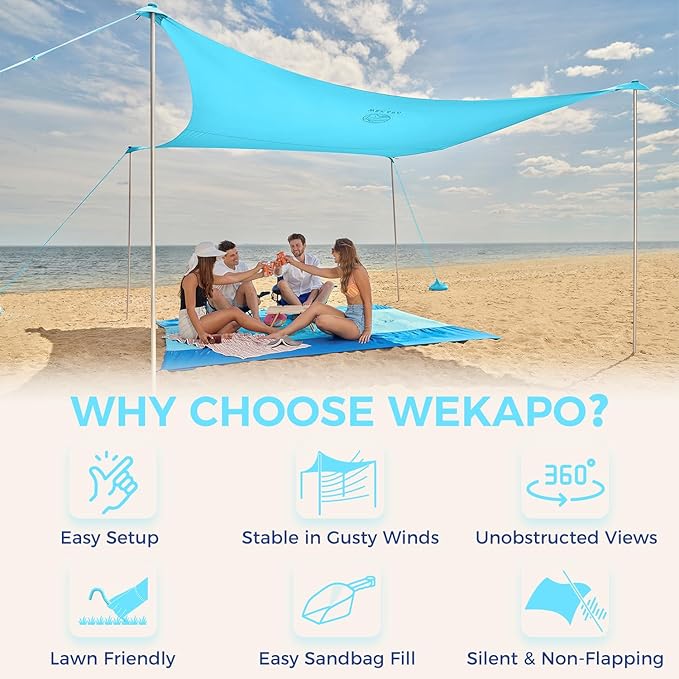WEKAPO Beach Tent Sun Shelter - Easy Setup Beach Canopy with 4 Sturdy Poles Large Sandbags and Shovel 7'1'' Tall Windproof Sun Shade for Backyard and Camping UPF 50+ Protection