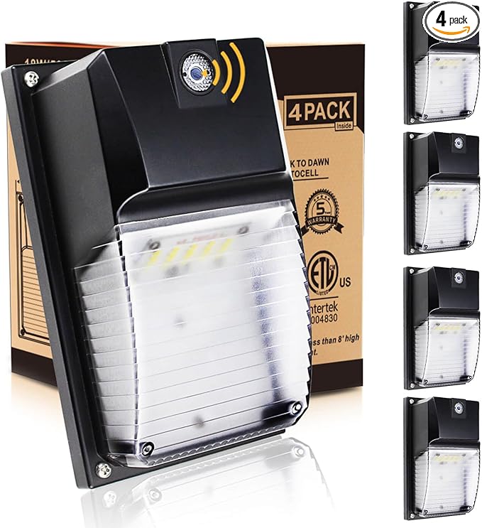 HiBay 4-Pack 18W Dusk to Dawn LED Wall Lights 1980LM 5000K Daylight IP65 Outdoor Porch Light Fixtures Eqv 60-100W HPS/HID Photocell Wall Pack Outside Lighting for House AC 100-277V