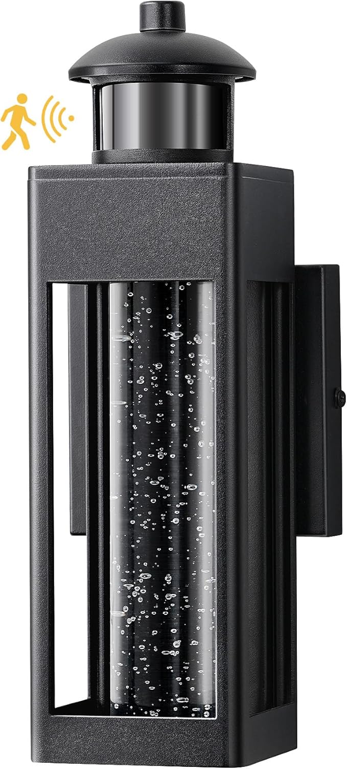 EDISHINE Motion Sensor Porch Lights Outdoor Dusk to Dawn Exterior Lighting Fixtures with Crystal Bubble Glass LED Outside Wall Sconce Lantern for Garage 1100 Lumen