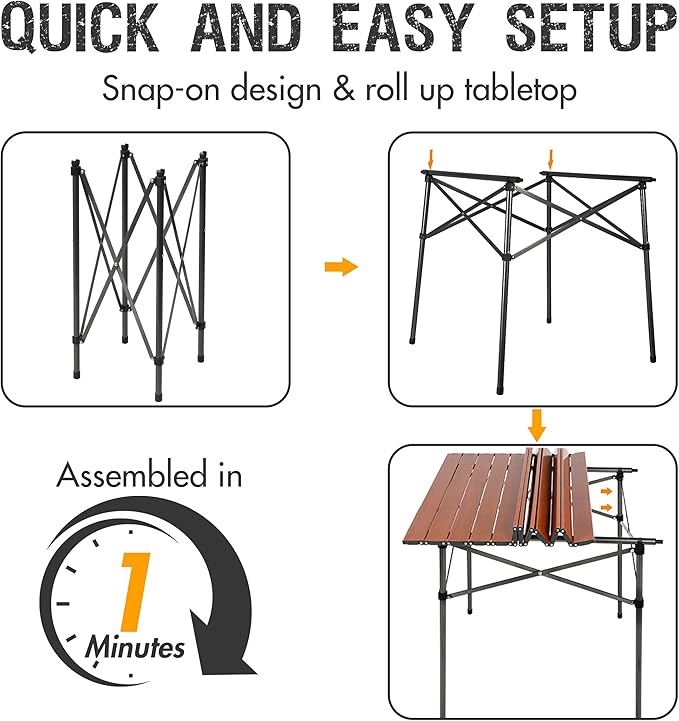 Portal Lightweight Aluminum Folding Square Table Roll Up Top 4 People Compact Table with Carry Bag for Camping Picnic Backyards BBQ Brown