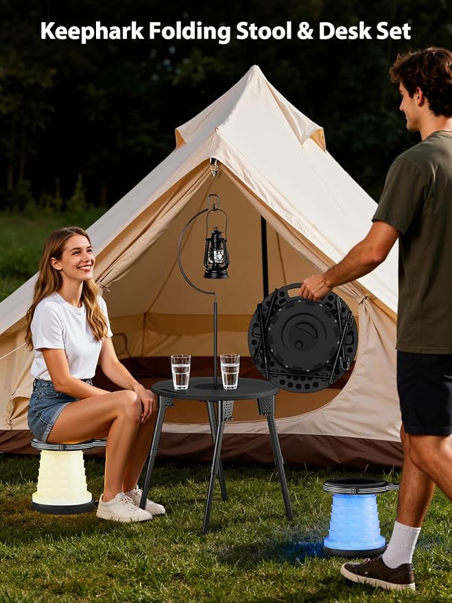 Collapsible Camping Stool with Lights (5 Colors 3 Modes) Holds up to 400 lbs &amp Adjustable Height (10 Levels) Portable Folding Chair Stool Seat for Fishing Parties Hiking Travel Outdoor Even