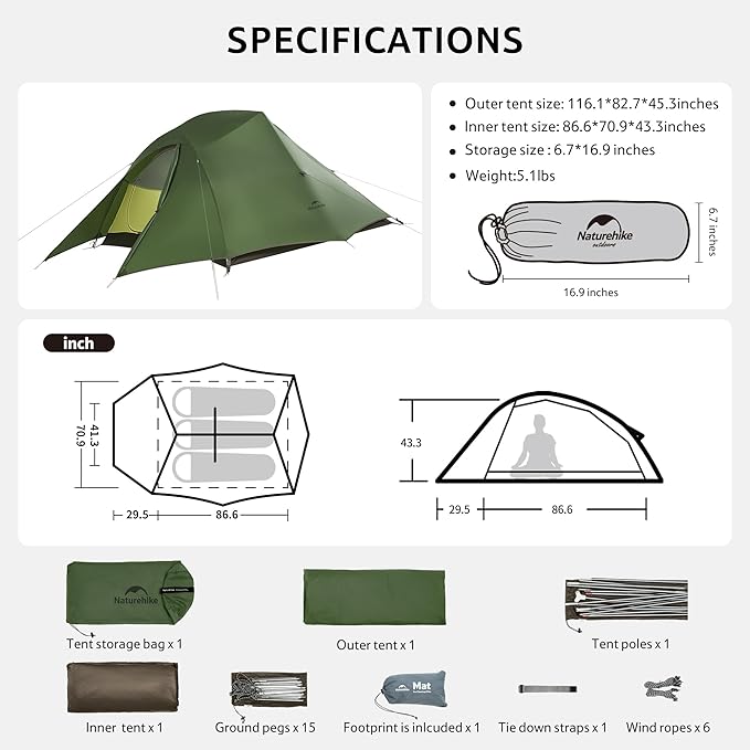 Naturehike Cloud Up 3 Person Backpacking Tent with Footprint - 3 Season Free Standing Lightweight 3 Person Camping Tent | with Footprint Free Standing Dome Camping Hiking Waterproof