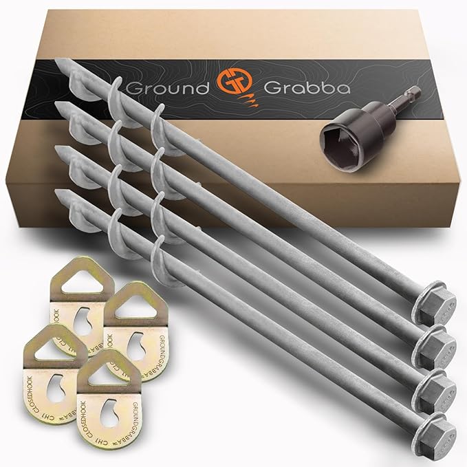GROUNDGRABBA Screw in Tent Stake for Normal to Hard Ground | Premium Drill Driven Ground Anchor Earth Screws | 4X Pro Stakes (1 Foot) 4X Closed Hooks 1X 5/8 Hex Socket Driver