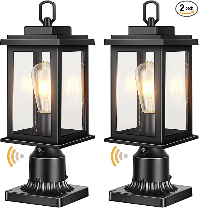 VIANIS Post Lights Outdoor 2 Pack Outdoor Post Lights Dusk to Dawn Black Pole Lights Outdoor with Tempered Glass Post Lantern for Garden Driveway Entryway Anti-Rust (Hardwired Non-Solar)
